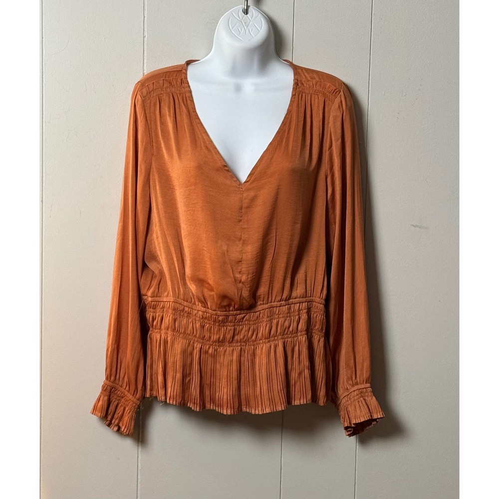 Philosophy Republic Women's Rust Orange Smocked Peplum Pleated Blouse Size Large